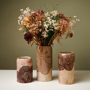 Set of 3 Handmade Lace Print Ceramic Vase | Rustic Handmade Ceramic Vase | Farmhouse Style Flower Holder Vase