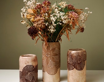 Set of 3 Handmade Lace Print Ceramic Vase | Rustic Handmade Ceramic Vase | Farmhouse Style Flower Holder Vase