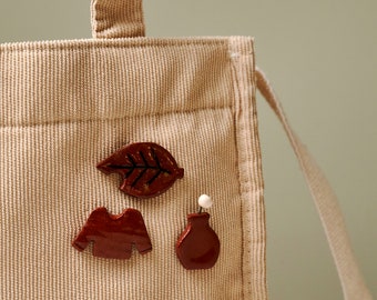 Small Brown leaf handmade Ceramic Pin Brooch | Cute Vase and Sweater Pin Brooch | Brooch Set with 3 Ceramic Pins