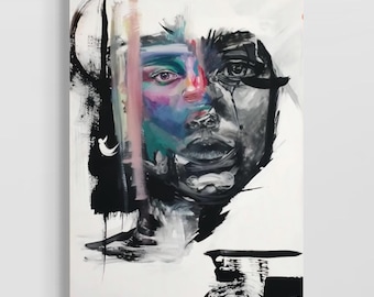 May include: Abstract portrait painting on canvas. The artwork features a face divided into two halves, one in grayscale and the other with vibrant colors like blue, pink, and green. Bold brushstrokes and splatters create a dynamic composition.