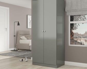 Denver 2 Door Wardrobe: Gloss BEDROOM STORAGE CABINET, Modern Hanging Closet Furniture