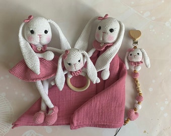 Amigurumi pattern Long Ears bunny, Ratle , pacifier clip, sleeping friend bunny partern PDF English