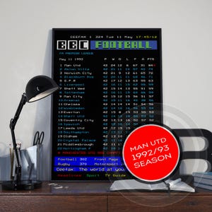 Man United CEEFAX TELETEXT 1992/93 Saison Tabelle - LIMITIERTE AUFLAGE, tolles Geschenk für Fußball-Fan, Geschenk für Ihn