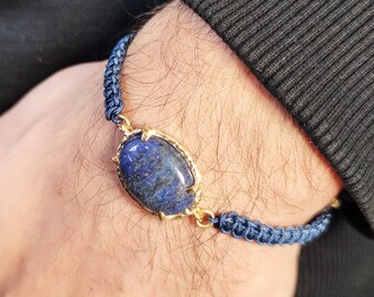 men jewelry, lapis wristband, men wristband, gold color bracelet, Solid Silver 925, gift for him