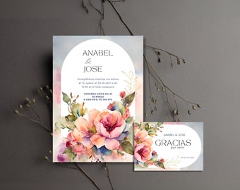 Plantilla de invitación de boda imprimible. Diseño exclusivo pintado a mano en acuarela. Editable en canva