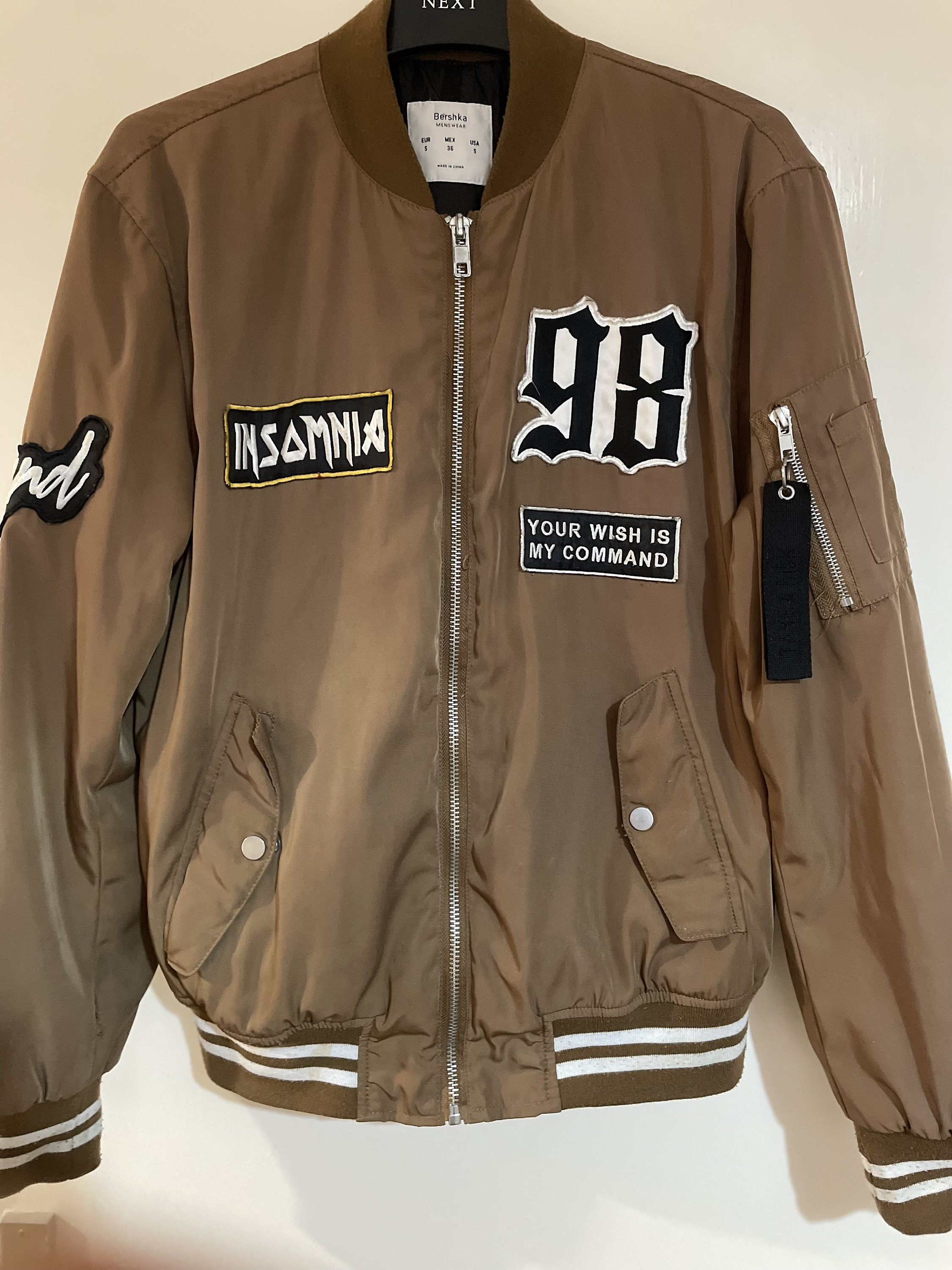 Bershka varsity oversized bomber jacket in brown