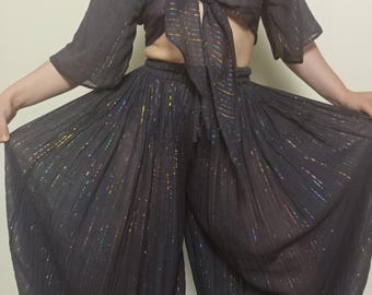 Vintage  cotton gauze and rainbow lurex pants suit / Harem gauze pants/ purple cotton gauze lurex set /