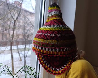 Vintage Wool Chullo Hat / Vintage Chullo Knit Hat Peruvian