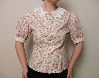 Vintage 1980s Laura Ashley floral print blouse with puffy sleeve and lace collar