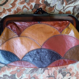 Vintage 70s patchwork leather clutch bag/ lucite clasp handbag