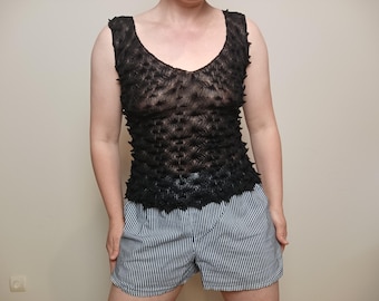 Y2K black mesh popcorn top / Grunge street wear/ texture 3d blouse