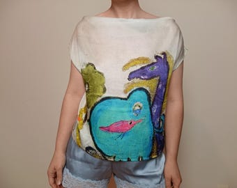 vintage Louise Della Viskose Seide Kunstdruck ärmellose Bluse / Avantgarde Mode