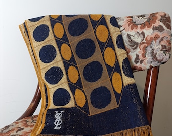 Vintage YSL Towel, Yves Saint Laurent Fieldcrest,  Terry, Fringe Geometric pattern Blue Yellow 1970s Bathroom