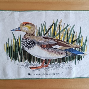 May include: A white linen tea towel with a green border features a colorful illustration of a Gadwall duck in a grassy marsh. The text "GADWALL Anas strepera L." is printed below the duck.