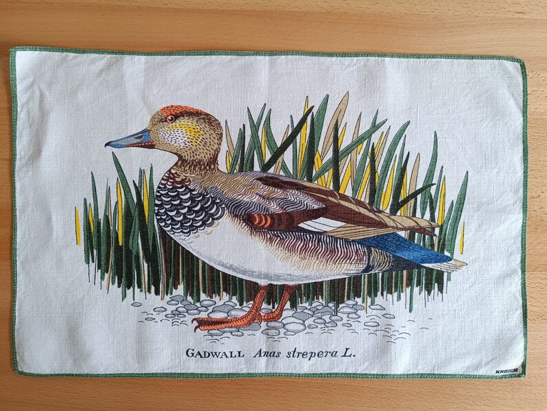 May include: A white tea towel with a green border features a colorful illustration of a Gadwall duck standing in a bed of green reeds. The text "GADWALL Anas strepera L." is printed below the duck.