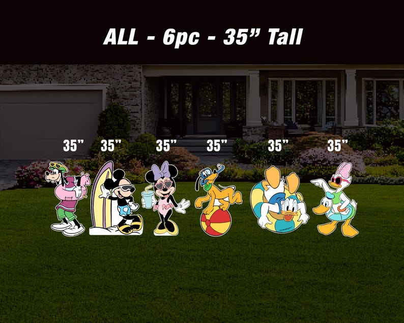 May include: Six 35-inch tall cartoon character yard decorations featuring Mickey Mouse, Minnie Mouse, Goofy, Pluto, Donald Duck, and Daisy Duck. The characters are all dressed in summer attire and are holding beach-themed accessories.