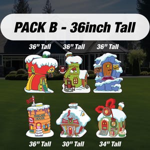 May include: A collection of six colorful, whimsical Christmas village houses, each with a snow-covered roof. The houses are various heights, with the tallest being 36 inches. The text "PACK B - 36inch Tall" is at the top.