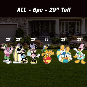 May include: Set of six 29-inch tall cartoon character yard decorations. The characters are Mickey Mouse, Minnie Mouse, Goofy, Pluto, Donald Duck, and Daisy Duck. Each character is wearing a summer outfit and holding a beach-themed accessory.  ALL - 6pc - 29" Tall