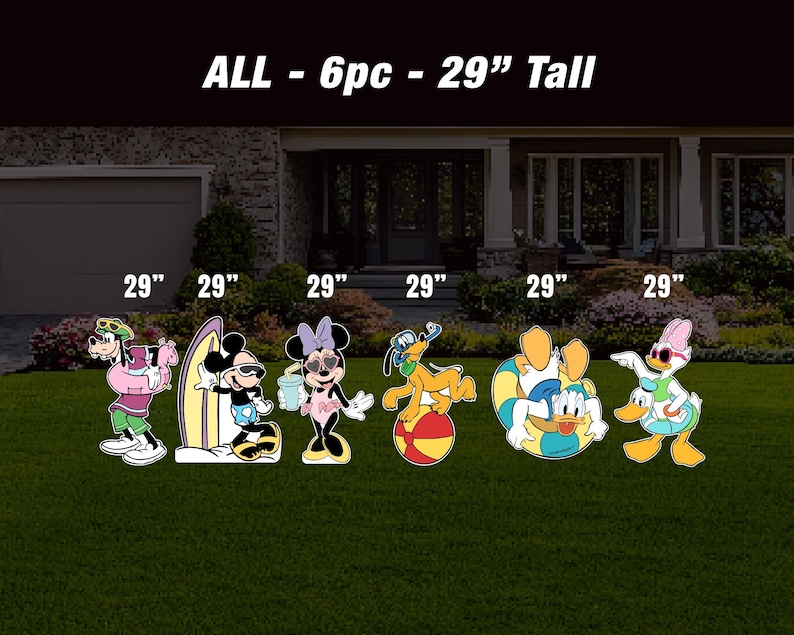 May include: Set of six 29-inch tall cartoon character yard decorations. The characters are Mickey Mouse, Minnie Mouse, Goofy, Pluto, Donald Duck, and Daisy Duck. Each character is wearing a summer outfit and holding a beach-themed accessory.  ALL - 6pc - 29" Tall