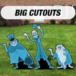May include: Three blue cartoon ghost cutouts on a green lawn. The ghosts are in different poses, with one holding a hat. The text "BIG CUTOUTS" is in a white oval above the ghosts.