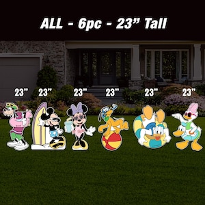 May include: A set of six 23-inch tall cartoon character yard decorations featuring Mickey Mouse, Minnie Mouse, Goofy, Pluto, Donald Duck, and Daisy Duck. The characters are all dressed in summery outfits and are holding various beach-themed props.