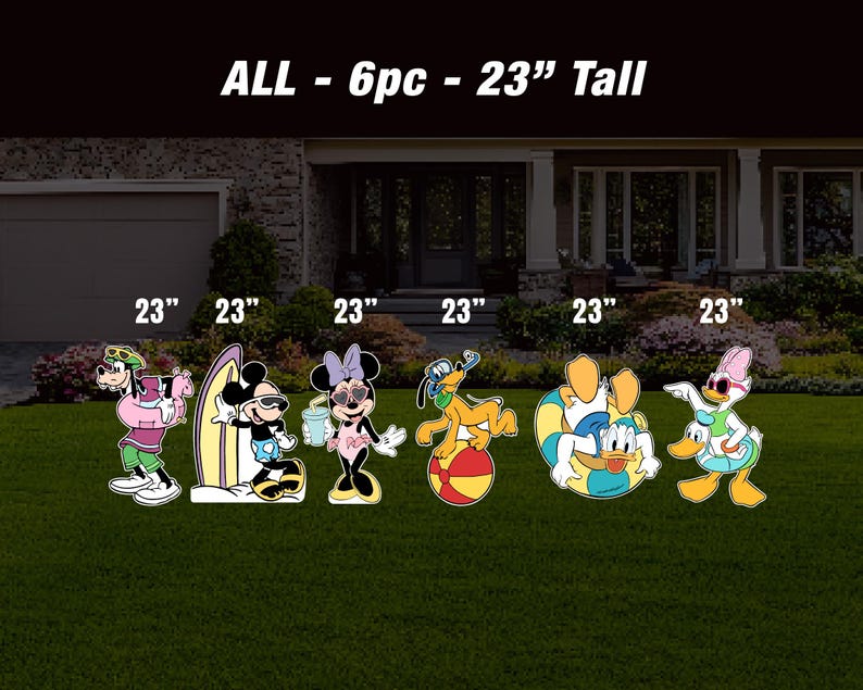 May include: A set of six 23-inch tall cartoon character yard decorations featuring Mickey Mouse, Minnie Mouse, Goofy, Pluto, Donald Duck, and Daisy Duck. The characters are all dressed in summery outfits and are holding various beach-themed props.