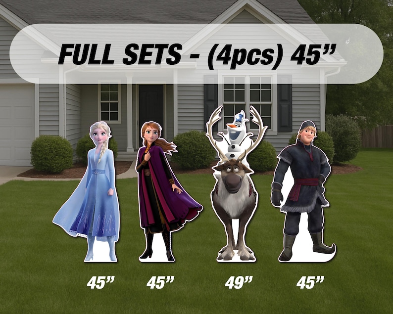 Puede incluir: Juego completo de cuatro recortes de personajes de la pel&iacute;cula Frozen. Se presentan Elsa, Anna, Olaf sobre Sven y Kristoff. Cada personaje mide aproximadamente 114 cm de alto, excepto Olaf sobre Sven, que mide 124 cm. El texto "FULL SETS - (4pcs) 45" est&aacute; en la parte superior.