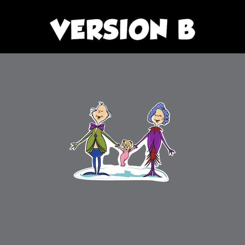 Op de afbeelding: Cartoon illustratie van een gezin van drie personen die op een witte ijsvlek staan. De vader draagt een groene jas, een blauwe broek en een paarse vlinderdas. De moeder draagt een paarse jurk en het kind draagt een roze outfit. De tekst "VERSION B" staat bovenaan.