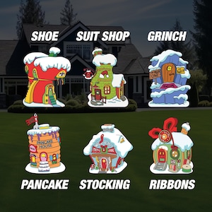 May include: A collection of whimsical, cartoon-style house ornaments, each designed to resemble a different shop or theme. The ornaments include a shoe, suit shop, Grinch, pancake house, stocking, and ribbons, all with snowy roofs and vibrant colors.