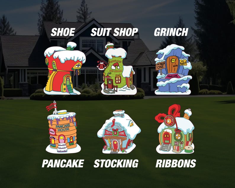 May include: A collection of whimsical, cartoon-style house ornaments, each designed to resemble a different shop or theme. The ornaments include a shoe, suit shop, Grinch, pancake house, stocking, and ribbons, all with snowy roofs and vibrant colors.