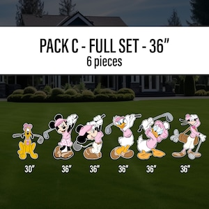 May include: A set of six 36-inch tall yard decorations featuring Disney characters playing golf. The characters include Mickey Mouse, Minnie Mouse, Donald Duck, Daisy Duck, Goofy, and Pluto. The characters are all wearing pink and white outfits and holding golf clubs.