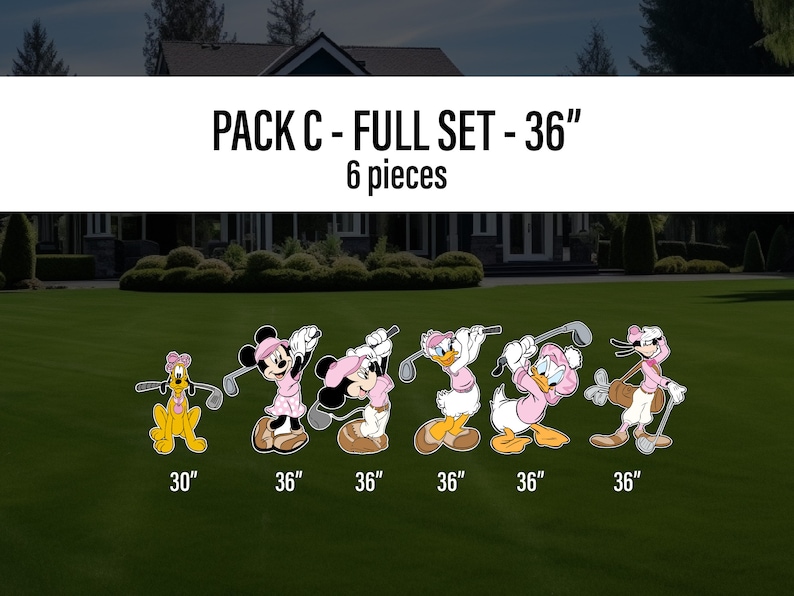 May include: A set of six 36-inch tall yard decorations featuring Disney characters playing golf. The characters include Mickey Mouse, Minnie Mouse, Donald Duck, Daisy Duck, Goofy, and Pluto. The characters are all wearing pink and white outfits and holding golf clubs.