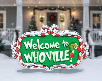 Whoville Sign Cutout Decorations, Whoville cutouts, centerpieces, Standee, Christmas decor, yard sign, lawn sign, Grinch Christmas, Xmas AD