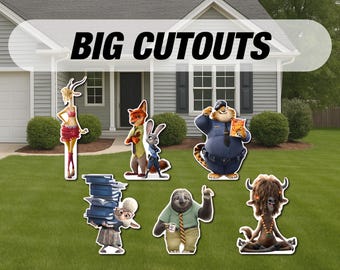 Recortes, decoraciones, centros de mesa, letreros para césped, tarjetas para jardín, letreros para jardín y adornos para mesas con temática de Zootopia.