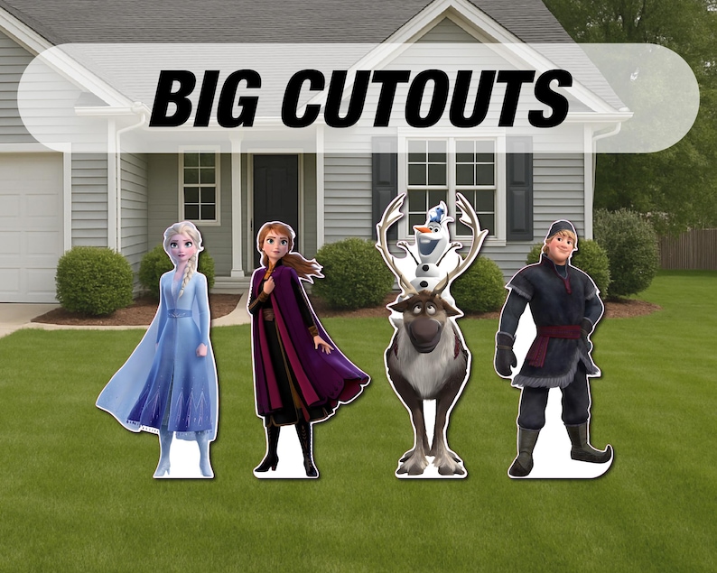 Puede incluir: Recortes de cart&oacute;n de personajes de la pel&iacute;cula animada Frozen. Los recortes incluyen a Elsa con un vestido azul, Anna con una capa morada, Olaf el mu&ntilde;eco de nieve sobre Sven el reno y Kristoff con un atuendo oscuro. El texto "BIG CUTOUTS" est&aacute; encima de los personajes.