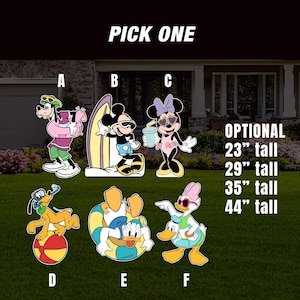 May include: Six different cartoon character cutouts, each with a summer theme.  The characters include Mickey Mouse, Minnie Mouse, Goofy, Pluto, Donald Duck, and Daisy Duck.  The cutouts are available in four sizes: 23 inches, 29 inches, 35 inches, and 44 inches tall.  Pick One.