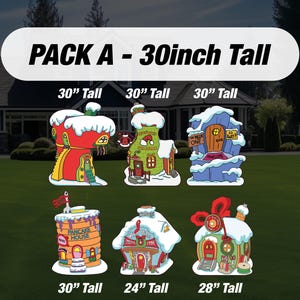 May include: A collection of six colorful, whimsical house-shaped yard decorations. Each house is covered in snow and has unique architectural details. The text "PACK A - 30inch Tall" is at the top. The houses range from 24 to 30 inches tall.