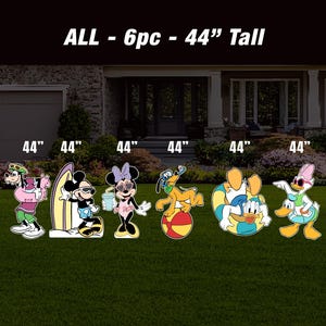 May include: Six 44-inch tall cardboard cutouts of Disney characters enjoying a beach day. The characters include Mickey Mouse, Minnie Mouse, Goofy, Pluto, Donald Duck, and Daisy Duck.