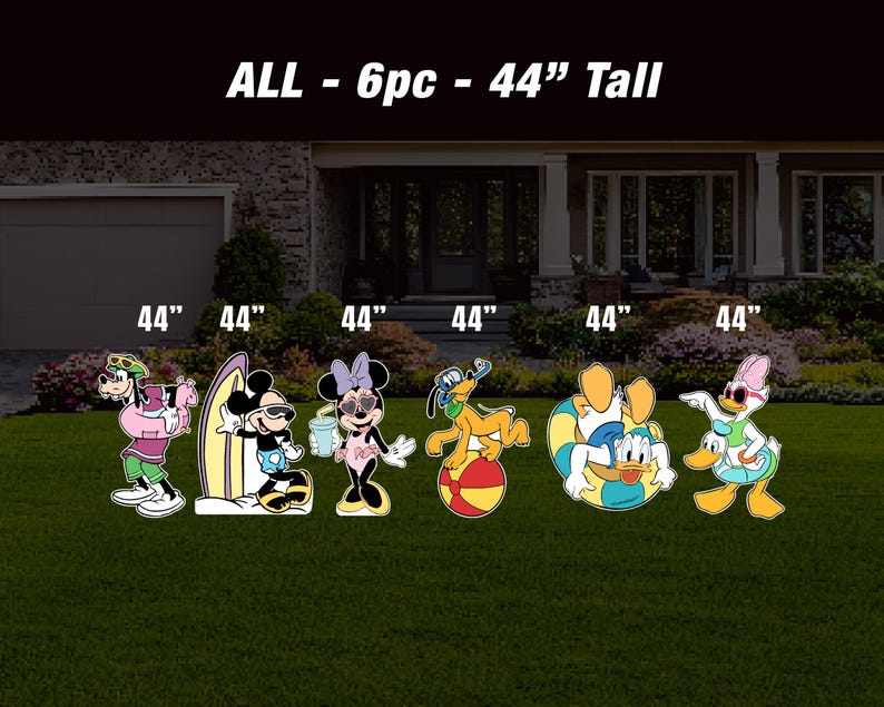 May include: Six 44-inch tall cardboard cutouts of Disney characters enjoying a beach day. The characters include Mickey Mouse, Minnie Mouse, Goofy, Pluto, Donald Duck, and Daisy Duck.