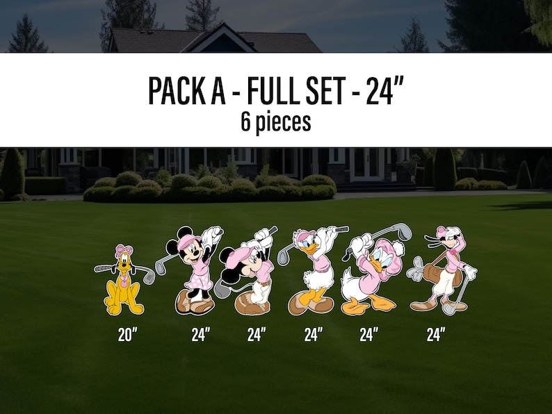 May include: A set of six pink and white golf-themed yard decorations featuring Disney characters. The characters include Mickey Mouse, Minnie Mouse, Pluto, and Daisy Duck. The characters are all holding golf clubs and are posed in a variety of golfing positions. The decorations are 20 inches and 24 inches tall.