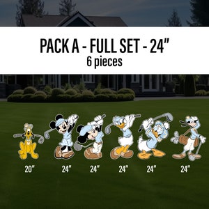 May include: A set of six 24-inch tall cartoon character yard decorations featuring Mickey Mouse, Donald Duck, and Goofy playing golf.  The characters are wearing blue and white outfits and holding golf clubs.  The text "PACK A - FULL SET - 24" and "6 pieces" is displayed above the characters.