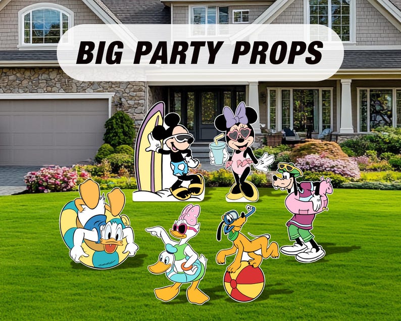 May include: A set of seven large cardboard cutouts featuring Disney characters in summery outfits. Mickey Mouse is surfing, Minnie Mouse is wearing sunglasses and a swimsuit, Donald Duck is floating on a tube, Goofy is wearing a life vest, Pluto is holding a beach ball, and Daisy Duck is wearing a swimsuit and sunglasses. The cutouts are perfect for a summer party or a Disney-themed event.