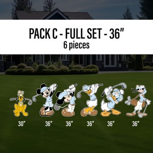 May include: A set of six 36-inch tall yard decorations featuring Mickey Mouse, Donald Duck, and Goofy dressed in golf attire.  The characters are all in a golf stance with a golf club in their hands.  The text "PACK C - FULL SET - 36" and "6 pieces" is at the top of the image.
