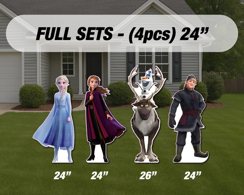 Puede incluir: Juego completo de cuatro recortes de personajes de la pel&iacute;cula, presentados en un c&eacute;sped. Los personajes incluyen a Elsa, Anna, Olaf y Kristoff. Los recortes miden aproximadamente 61 cm de alto, excepto Olaf y Sven, que miden 66 cm.
