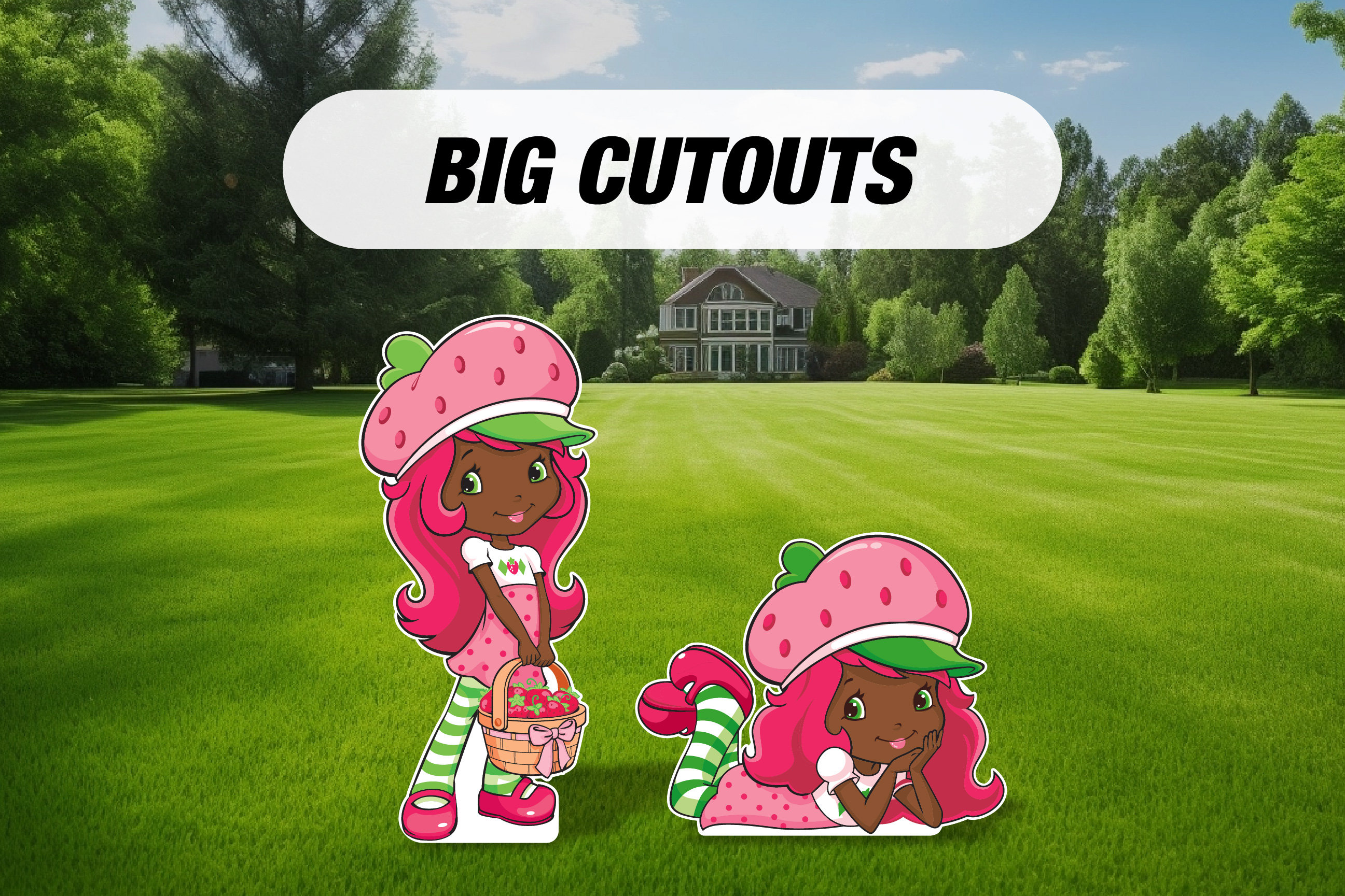 Strawberry Shortcake African American Black birthday themed party cutouts, decorations, centerpieces, lawn signs, yard card, yard sign