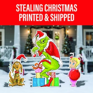 Enorme figura recortada del Grinch robando adornos navideños, centros de mesa, regalos de Navidad, letrero para jardín, letrero para césped, Grinchmas, anuncio de Navidad