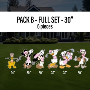 May include: A set of six golf-themed yard decorations featuring Disney characters. The characters include Mickey Mouse, Minnie Mouse, Donald Duck, Daisy Duck, Goofy, and Pluto. The characters are all wearing pink and white outfits and holding golf clubs. The decorations are 30 inches tall, except for Pluto, who is 24 inches tall. PACK B - FULL SET - 30" 6 pieces