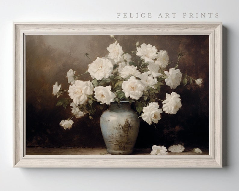 Vintage White Rose Wall Art White Rose Oil Painting Vintage Floral Painting White Roses Flower