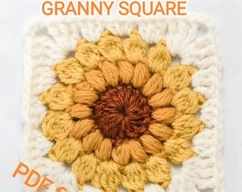 Crochet sunburst granny square, crochet sunflower granny square tutorial, crochet flower granny square pattern, easy granny square pattern