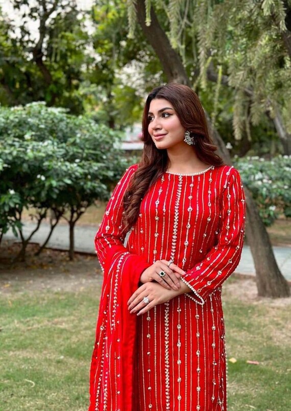 White suit with red cheap dupatta